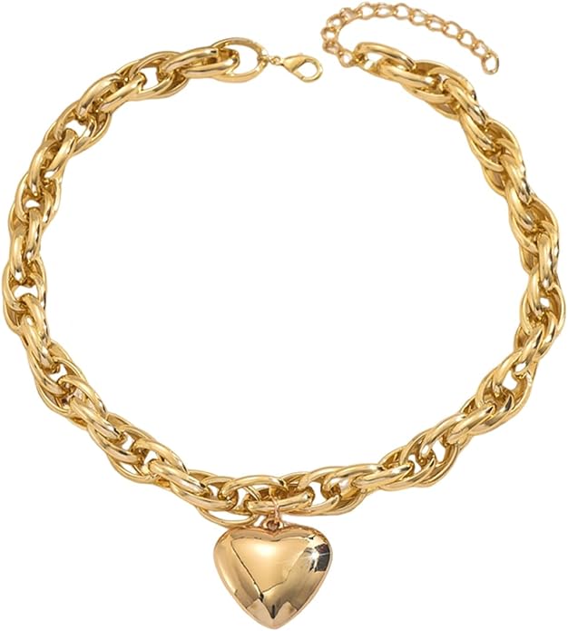 Chunky Gold Heart Necklace for Women,Y2K Big Heart Statement Necklace Long Puffy Hearts Chain Charm Necklaces Trendy Jewerly