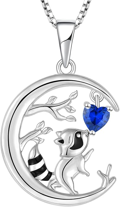STARCHENIE Raccoon Necklace 925 Sterling Silver Heart Birthstone Pendant Cute Animal Jewelry for Women