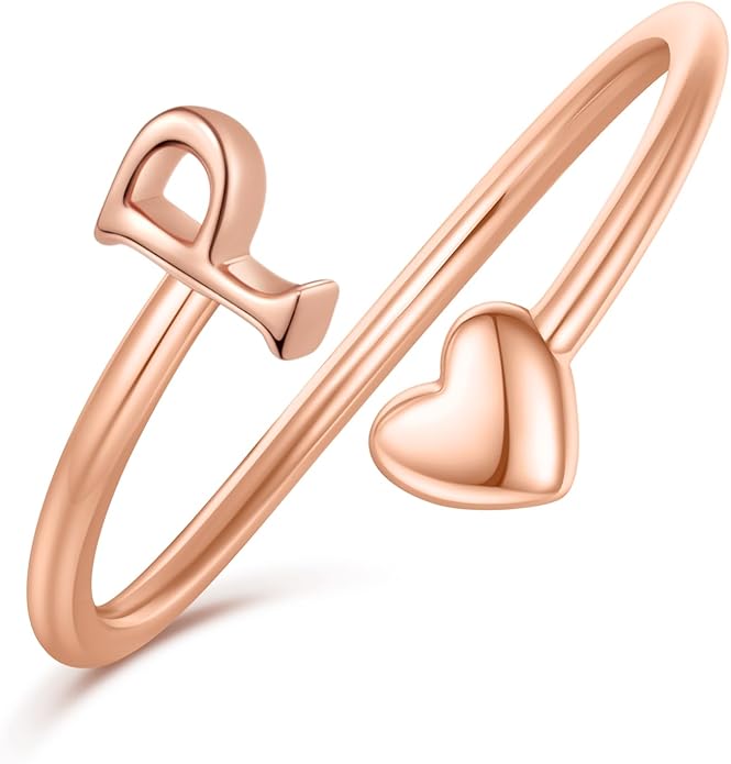 Initial Rings for Women Girls - Valentines Day Gifts for Her, Adjustable Rings for Women Non Tarnish Letter A-Z Dainty Heart Ring Teen Girls Gifts Trendy Stuff Personalized Jewelry Gift