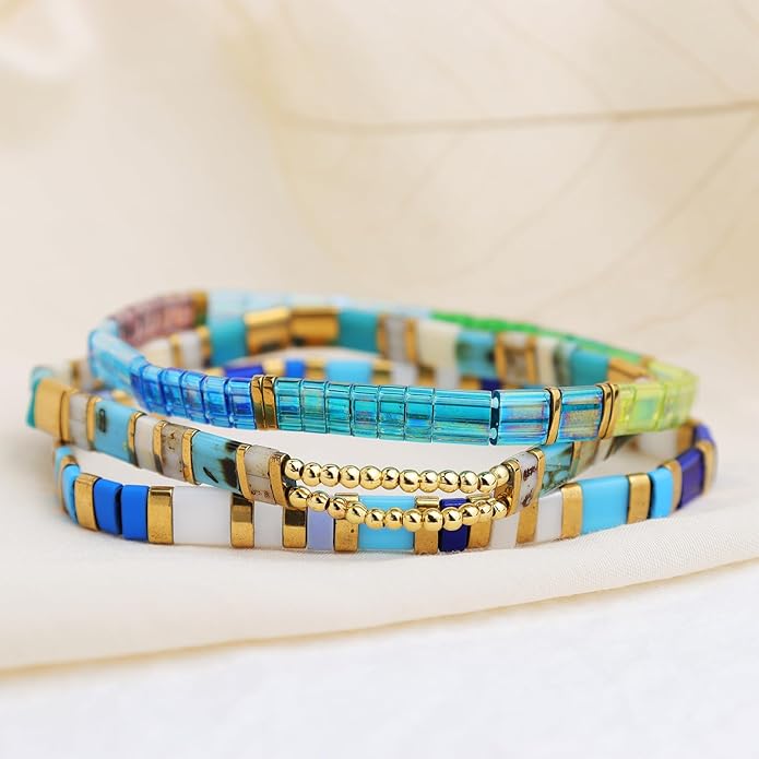Sonateomber Tila Flat Beaded Stretch Bracelets for Women, Trendy Unique Colorful Square Beads Handmade Stack Bracelet Friendship Accessories Fashion Jewelry Gift