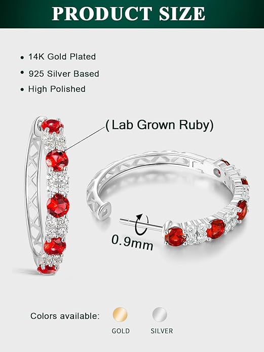 Women's Huggie Hoops with Birthstone 925 Sterling Silver Huggie Stud Hypoallergenic 14K Gold Plated Moissanite Earrings -Emerald Sapphire Ruby Hoop Earrings, Size 20 25mm