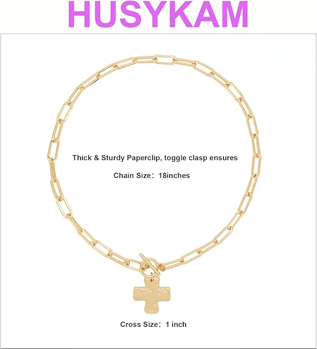 Gold Chunky Cross Necklace for Women - Statement Layered Hammered Cross Pendant Jewelry with Vintage Toggle Clasp, Bold Paperclip Chain Necklace Gift for Her