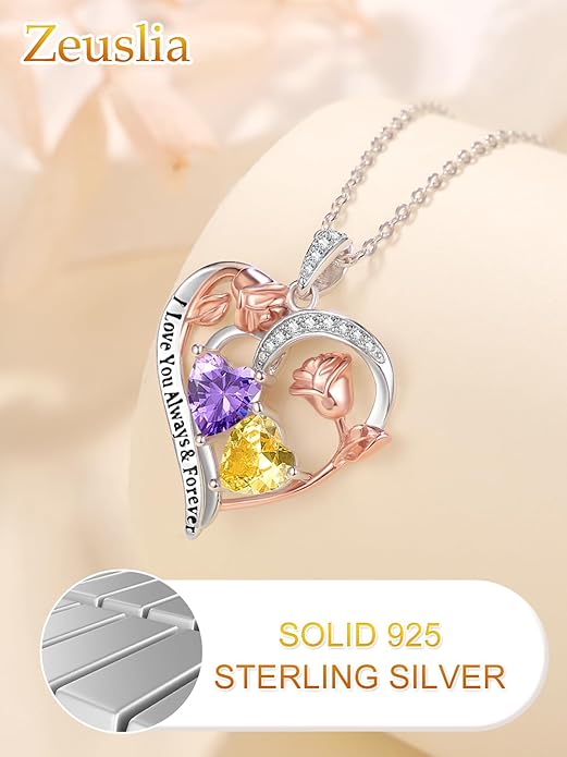 Valentine's Day Gifts for Wife 925 Sterling Silver Double Birthstone Pendant Necklaces I Love You for Always and Forever Necklace Anniversary Birthday Gifts for Wife Girlfriend Mom Her