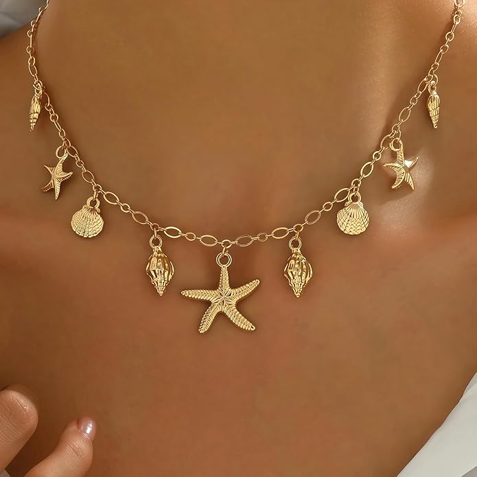 Shell Starfish Necklace for Women, 14k Gold Plated Boho Layered Beaded Charm Pendant Necklace, Dainty Adjustable Pearl Conch Summer Beach Vacation Jewelry Gifts