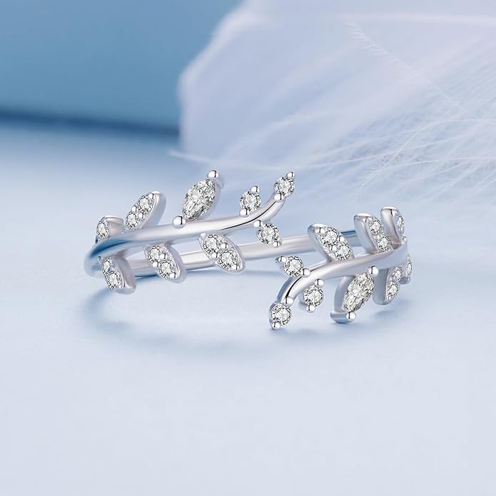MUNDELL 925 Sterling Silver Simple Multi-layer Leaf Adjustable Ring Green Lucky Leaves Statement Ring for Women Promise Ring Fine Jewelry