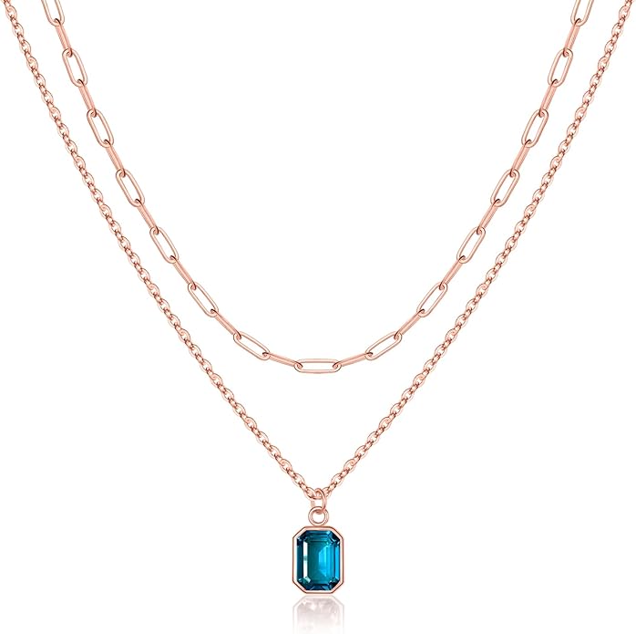 Layered Birthstone Necklace for Women Girls, 14K Gold-Plated Paperclip Chain Choker Necklace with Rectangle Birthstone Pendant Birthday Gifts for Women Girls Dainty Small