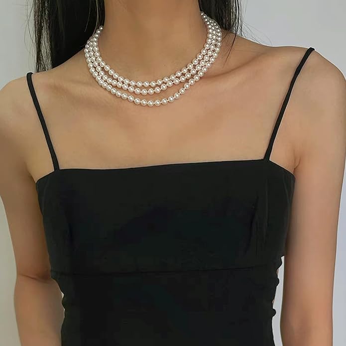 Zeffy Pearl Necklace 4MM/6MM/8MM Dainty Round Imitation Pearl Choker Necklace Wedding Pearl Necklace Delicate Jewelry for Women Simple Bridesmaid Jewelry Gifts
