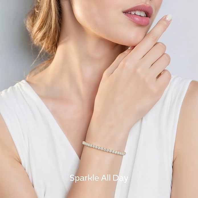 LOVE&LOVE Moissanite Tennis Bracelet for Women, Adjustable 18K Gold Plated 925 Sterling Silver Bracelet, 3/4mm D VVS1 Round Cut, Luxury Jewelry Gift for Wife Mom Girlfriend Birthday Anniversary