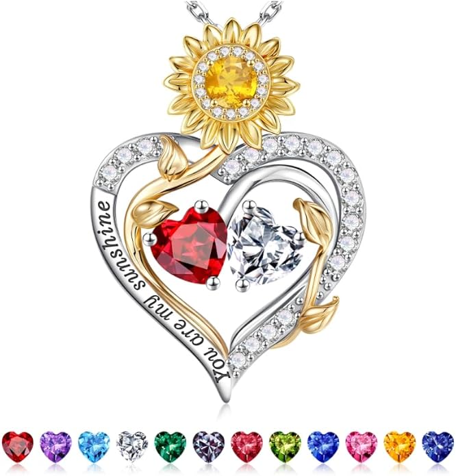 Iefil Valentines Day Gifts for Her - 925 Sterling Silver Sunflower Double Birthstone Necklace for Women, Anniversary Birthday Gifts for Wife, You Are My Sunshine Necklaces, Jewelry for Wife Mom