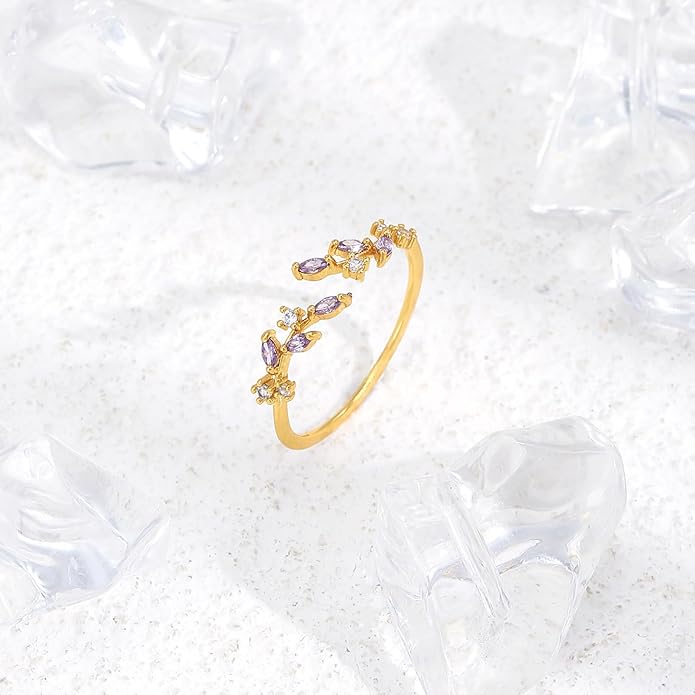 Gold Rings Non Tarnish Silver Adjustable Rings for Women Cubic Zirconia Leaf Ring Dainty Silver Stackable Ring for Women