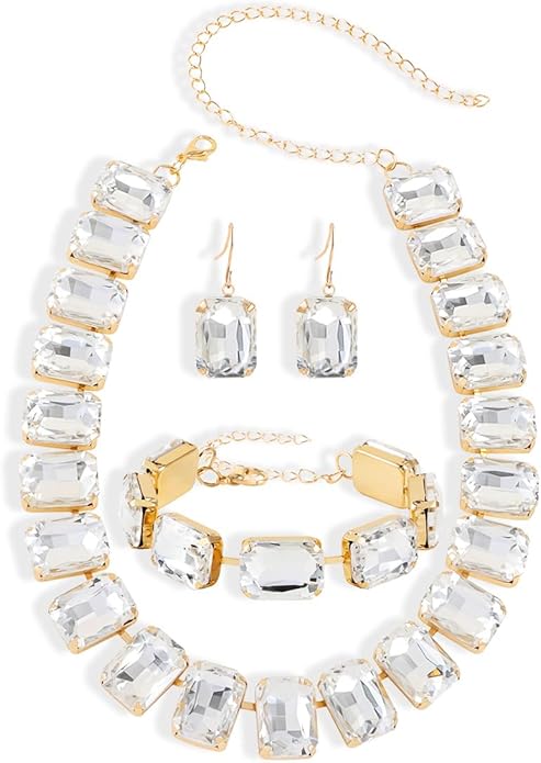 KOSMOS-LI Rectangle Faux Crystal Jewelry Sets Includ Necklace Bracelet Earrings For Women Stocking Stuffers