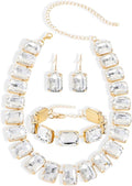 KOSMOS-LI Rectangle Faux Crystal Jewelry Sets Includ Necklace Bracelet Earrings For Women Stocking Stuffers