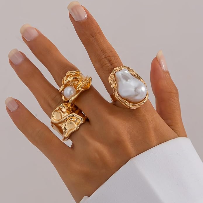 CJIAYUJEW Chunky Gold Flower Rings Pearl Stacking Statement Rings for Women Silver Chunky Knuckle Ring Set Adjustable Pearl Finger Ring Sets