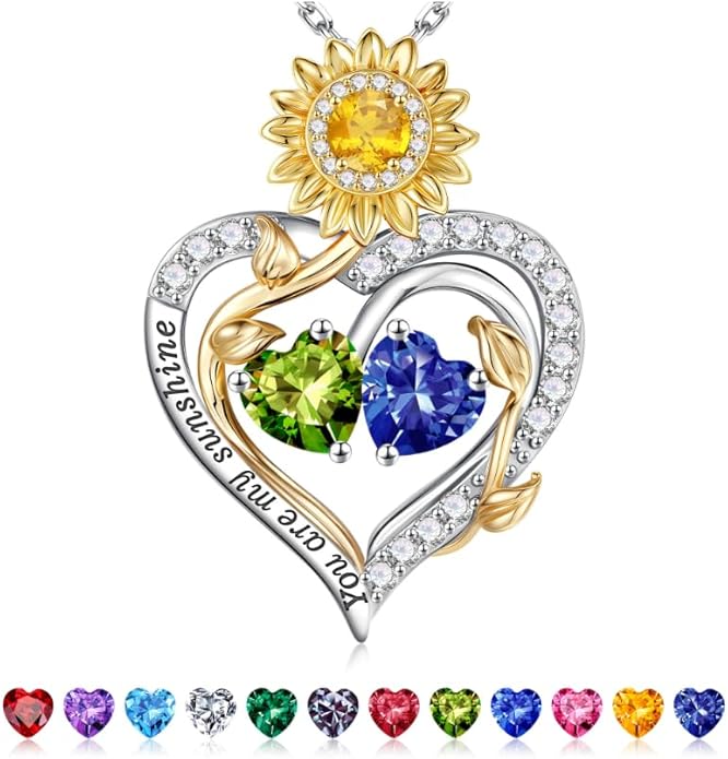Iefil Valentines Day Gifts for Her - 925 Sterling Silver Sunflower Double Birthstone Necklace for Women, Anniversary Birthday Gifts for Wife, You Are My Sunshine Necklaces, Jewelry for Wife Mom