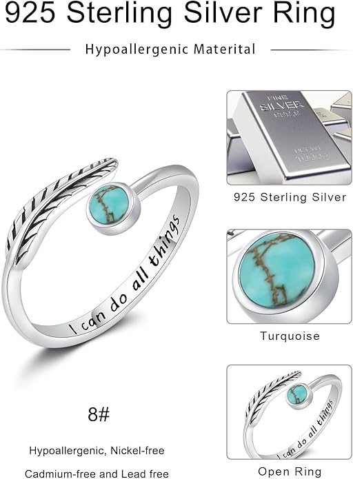 Turquoise/Moss Agate/Moonstone/Black Onyx/Lapis Lazuli/Labradorite/Tiger Eye Feather Ring 925 Sterling Silver Adjustable Ring Western Thumb Rings Vintage Jewelry Gifts for Women
