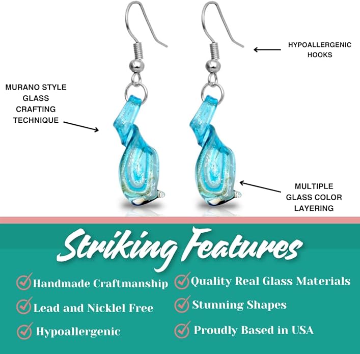 Handmade Murano Inspired Gorgeous Artist Made Twist Blue Glass Earrings Handcrafted Blown Hypoallergenic Artisan Lampwork Italian Style Jewelry Aqua