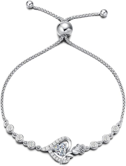 AGVANA Valentines Day Gifts Rosy Reverie Birthstone Bracelet for Women Sterling Silver Genuine or Created Gemstone Tennis Bracelet Rose Heart Jewelry Anniversary Birthday Gifts for Women Mom Wife Her