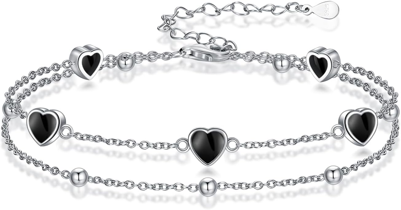 Birthstone Anklet/Bracelets for Women 925 Sterling Silver Charm Link Double Strand Heart Birthstone Jewelry Gift for Wife Women Mother's Day Gift