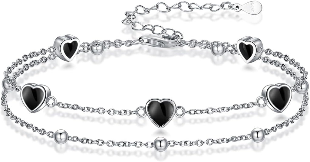 Birthstone Anklet/Bracelets for Women 925 Sterling Silver Charm Link Double Strand Heart Birthstone Jewelry Gift for Wife Women Mother's Day Gift