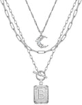 MJartoria Layered Initial Necklaces for Women Trendy, 14K Gold Plated Brass Simple Moon Choker Square Letter Pendant Necklace, Paperclip Chain Necklaces Jewelry Gifts