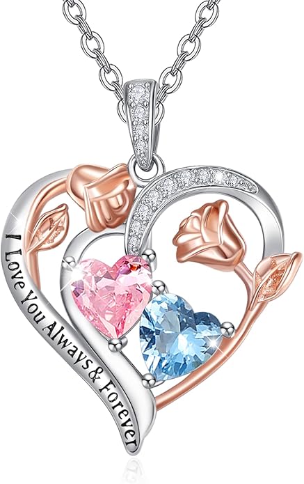 Valentine's Day Gifts for Wife 925 Sterling Silver Double Birthstone Pendant Necklaces I Love You for Always and Forever Necklace Anniversary Birthday Gifts for Wife Girlfriend Mom Her