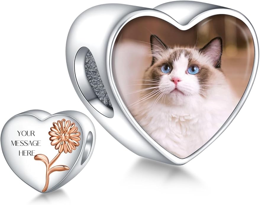 Annmors Personalized Photo Charm for Bracelet Necklaces,925 Sterling Silver Charm Love Heart Shaped Engraved Customize Picture Gift for Birthday Mother's Day Christmas,Bead Charms Jewelry for Women