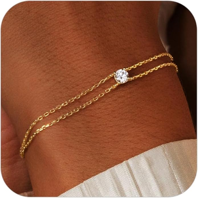 SLOONG Valentines Day Gifts for Her Gold Pearl Bracelets, 18K Real Gold Plated Dainty Stackable Snake Chain CZ Heart Pendant Bracelets, Layered Waterproof Jewelry Gift for Women Adjustable 6"+2"