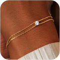 SLOONG Valentines Day Gifts for Her Gold Pearl Bracelets, 18K Real Gold Plated Dainty Stackable Snake Chain CZ Heart Pendant Bracelets, Layered Waterproof Jewelry Gift for Women Adjustable 6"+2"