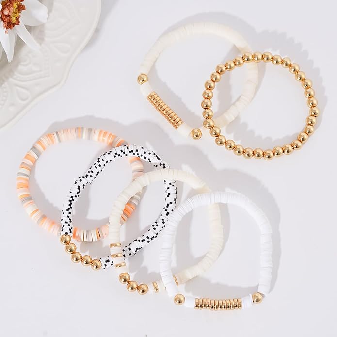 GOOJIDS Surfer Heishi Clay Bead Bracelets for Women Bohemian Stackable Gold Plated Beaded Stretch Bracelets Elastic Layering Friendship Bracelets Set Boho Jewelry