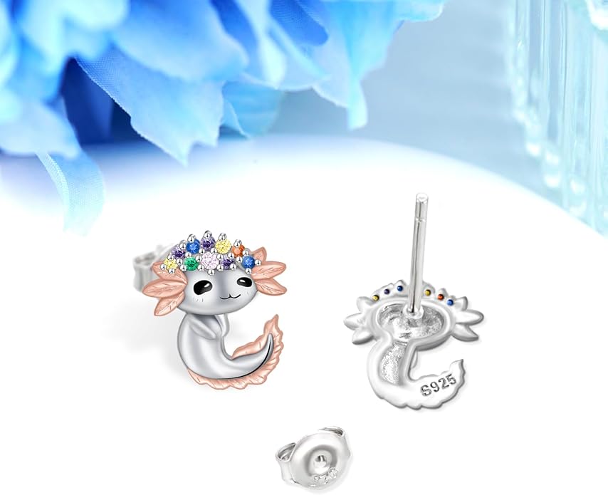 Axolotl/Highland Cow/Panda/Giraffe Stud Earrings 925 Sterling Silver Cute Animal Earrings with with Colored Zircon Animal Jewelry Gift for Girls Women