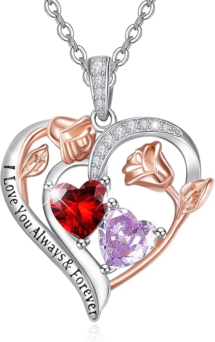 Valentine's Day Gifts for Wife 925 Sterling Silver Double Birthstone Pendant Necklaces I Love You for Always and Forever Necklace Anniversary Birthday Gifts for Wife Girlfriend Mom Her