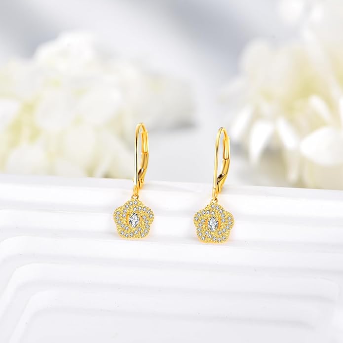 DOVRAN 10K 14K Solid Gold Leverback Earrings for Women Real Yellow Gold Filigree Dangle Earrings Trendy Jewelry Birthday Christmas Gifts for Wife Mom