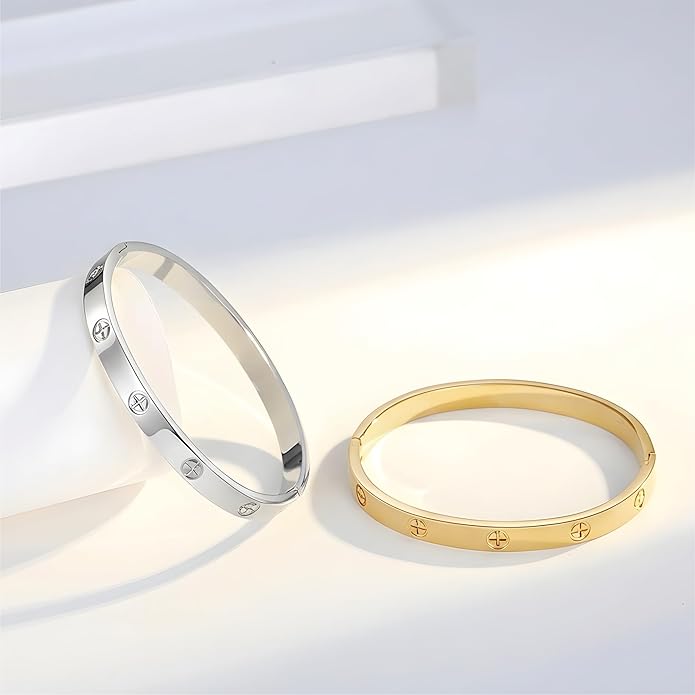 2Pcs 18K Gold-Plated Love Bangle Bracelets set for Women, Stainless Steel Cubic Zirconia Bangle Crystal Friendship Jewelry, Easter Wedding Birthday Gifts for Girlfriend, Wife, Monther
