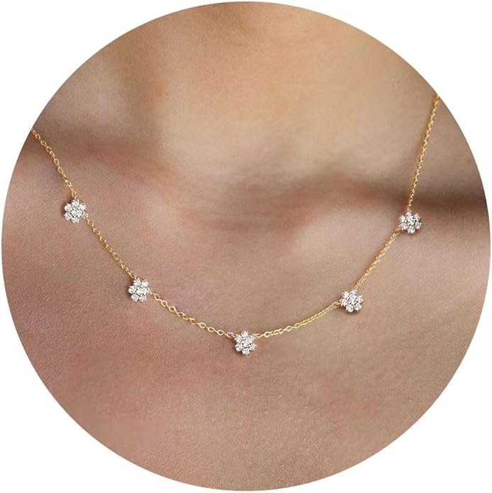 VRIUA Necklaces for Women - 14K Gold/Silver Plated Dainty Chain Necklace with Five Charms: Diamond, Bow, Snowflake, Cross, Flower, Clover, Butterfly, Heart, Star of David, and Star Trendy Jewelry