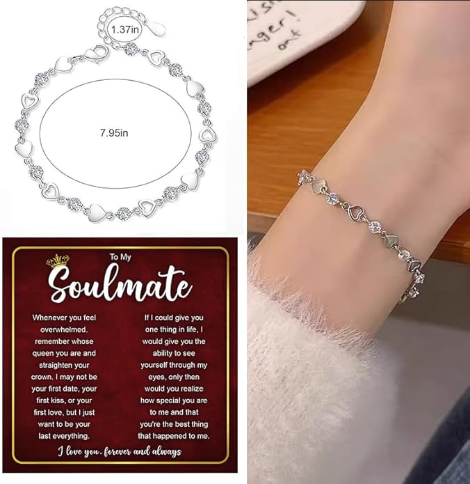 To My Soulmate Bracelet for Women, Heart Chain Bracelet with Shiny Stones, Perfect Birthday or Anniversary Christmas Gift for Soulmate with Message Card and Gift Box