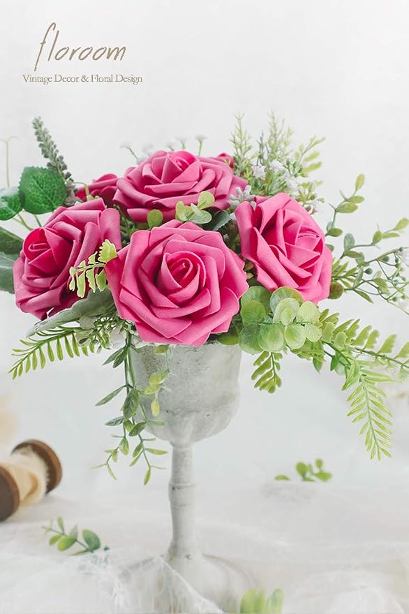 Artificial Flowers 50pcs Real Looking Hot Pink Foam Fake Roses - Image 5