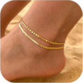Risamil 14K Gold Plated Ankle Bracelets for Women, Anklets for Women Waterproof Layered Ankle Bracelets for Women Teen Girl Herringbone Anklet Set Summer Foot Jewelry Gifts