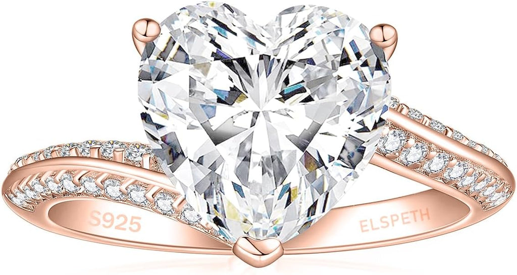 Elspeth 925 Sterling Silver Heart Engagement Ring for Women Heart Cut Cubic Zirconia Promise Ring Size 4-10