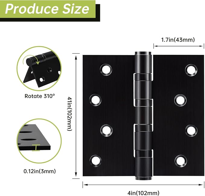 6 Pack Black Door Hinges 4 x 4 Inches, Heavy Duty Stainless Steel Ball Bearing - Image 2