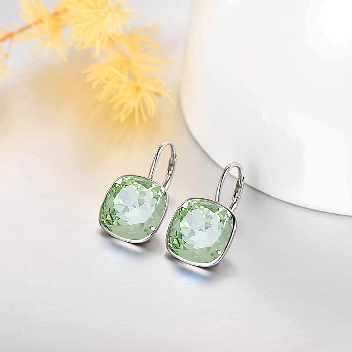 AOBOCO Sterling Silver Leverback Earrings Embellished with Crystals from Austria, Hypoallergenic Cushion Cut Square Crystal Earrings, Fine Anniversary Birthday Jewelry Gifts for Women
