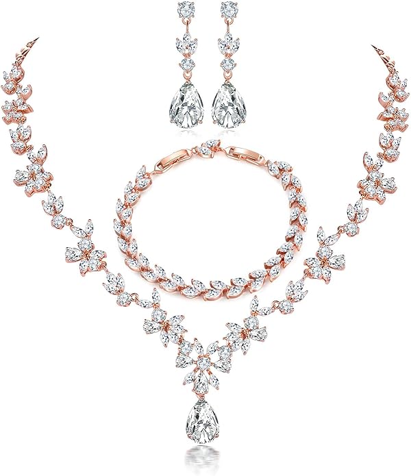 Hadskiss Jewelry Set for Women, Necklace Dangle Earrings Bracelet Set with White AAA Cubic Zirconia, Allergy Free Wedding Party Jewelry for Bridal Bridesmaid