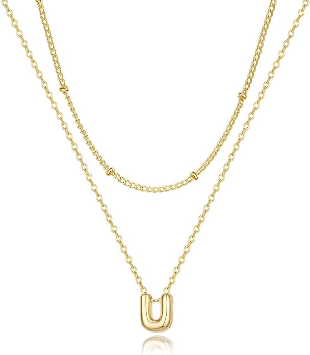 Valentines Day Gifts for Her - Bubble Letter Necklace Layered 14K Gold Plated Initial Necklaces for Women Dainty Cute Choker Pendant Stack Jewelry Fashion Accessories Teen Gift Trendy Stuff