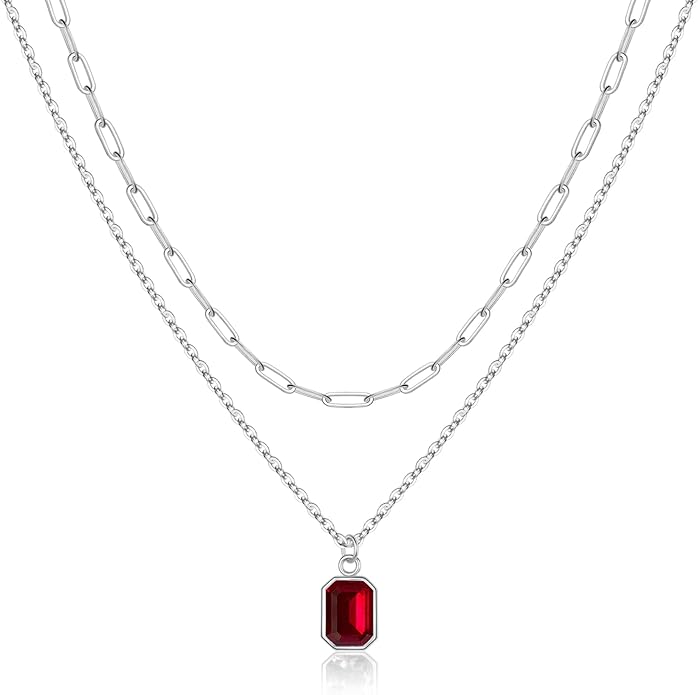 Layered Birthstone Necklace for Women Girls, 14K Gold-Plated Paperclip Chain Choker Necklace with Rectangle Birthstone Pendant Birthday Gifts for Women Girls Dainty Small