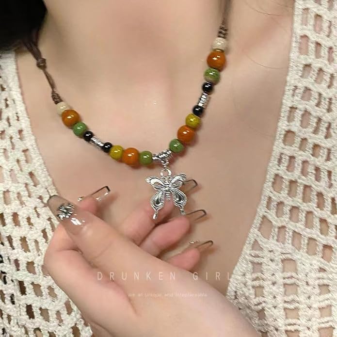 Boho Style Colorful Ceramic Bead Strand Necklace Adjustable Bohemian Jewelry Gift for Women, Fashion Clothing Matching Necklace