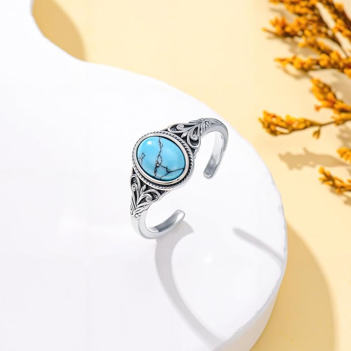 925 Sterling Silver Turquoise Adjustable Ring for Women, Vintage Bohemian Style Ring Jewelry Gifts for Mom Wife