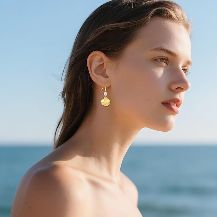 VONALA Silver/Gold Seashell Pearl Dangle Earrings 925 Sterling Silver Beach Drop Dangle Earrings Starfish Leverback Earrings Ocean Jewelry Gifts for Women