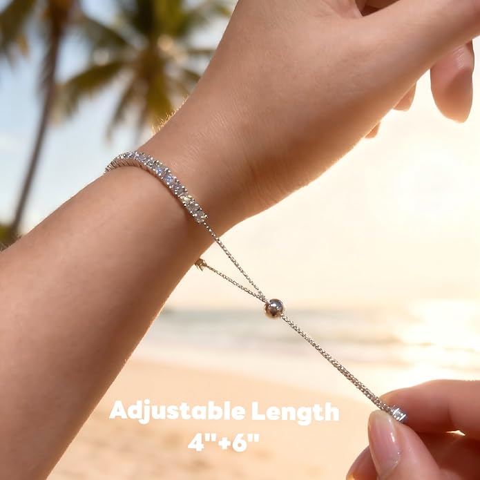 Moissanite Tennis Bracelet for Women, Adjustable Moissanite Tennis Bracelet 2mm/2.5mm/3mm/4mm D Color VVS1 Round Cut 925 Sterling Silver, Luxury Moissanite Jewelry Gift for Valentine's day, Mother's day,Anniversary and Self Gift