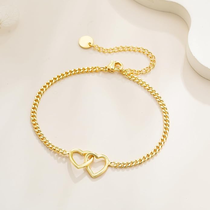 SLOONG Valentines Day Gifts for Her Gold Pearl Bracelets, 18K Real Gold Plated Dainty Stackable Snake Chain CZ Heart Pendant Bracelets, Layered Waterproof Jewelry Gift for Women Adjustable 6"+2"
