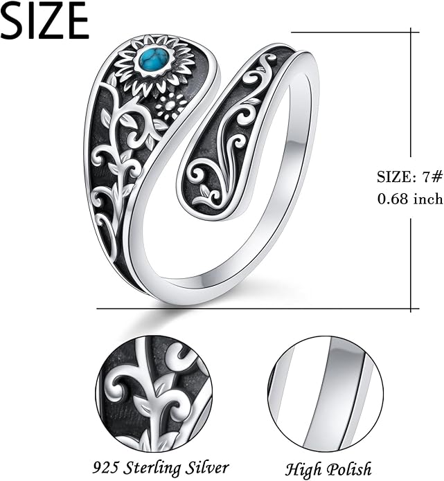 FLYOW Sterling Silver Sunflower Spoon Ring Victorian Style Boho Antique Flower Adjustable Open Ring Retro Statement Cubic Zirconial/Turquoise/Oxidized Thumb Rings for Women Birthday Christmas Jewelry