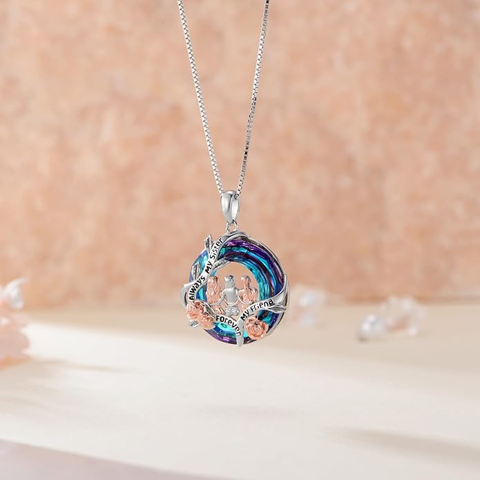 TOUPOP Sisters Gifts from Sister Necklace Sterling Silver Rose Flower with Crystal Jewelry Valentines Day Birthday Gifts for Women Best Friend Friendship